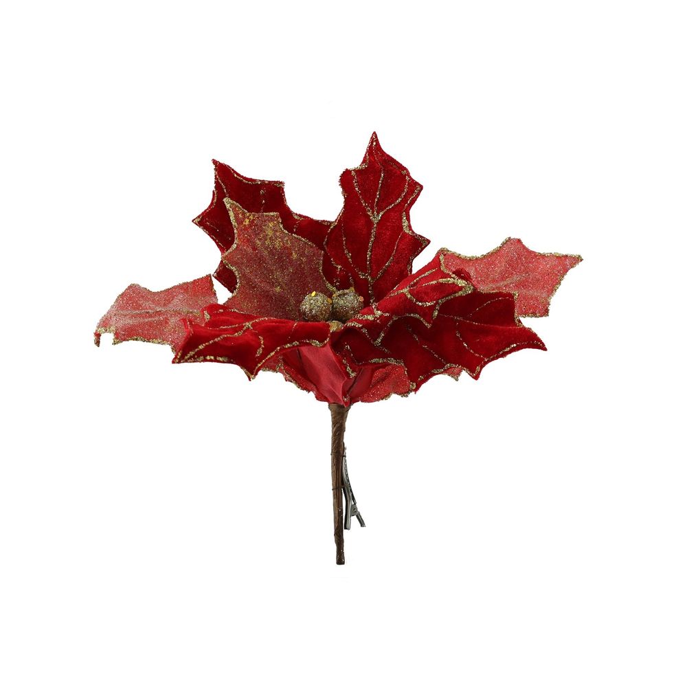 43cm Single Poinsettia Clip On Flower - Red & Gold