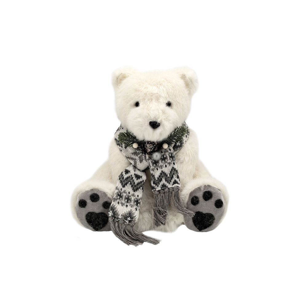 25cm White Sitting Bear W/ Christmas Scarf