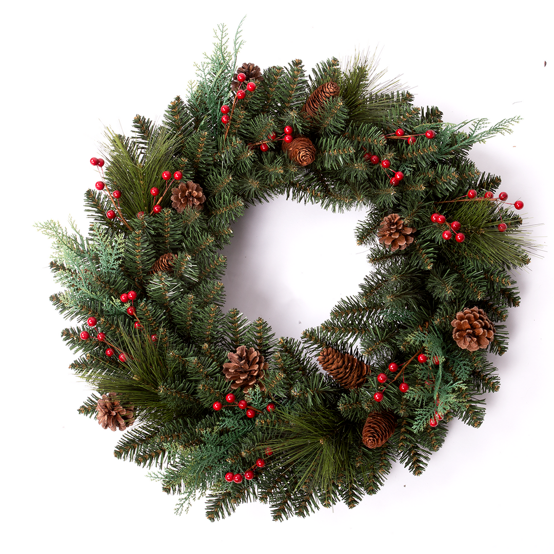 60cm Dunlewey Berry Pine Christmas wreath with red berries and pine cones