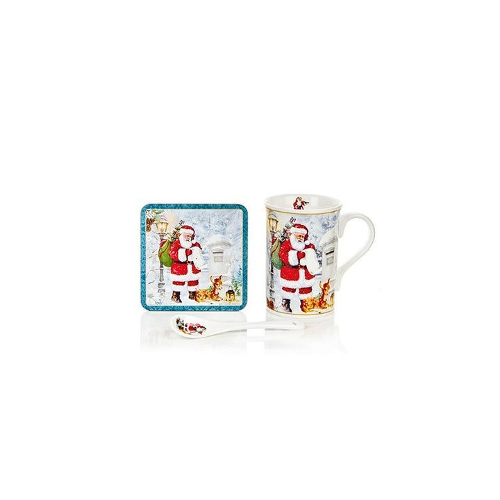 Ceramic Mug W /Coaster & Spoon Gift Set - Santa