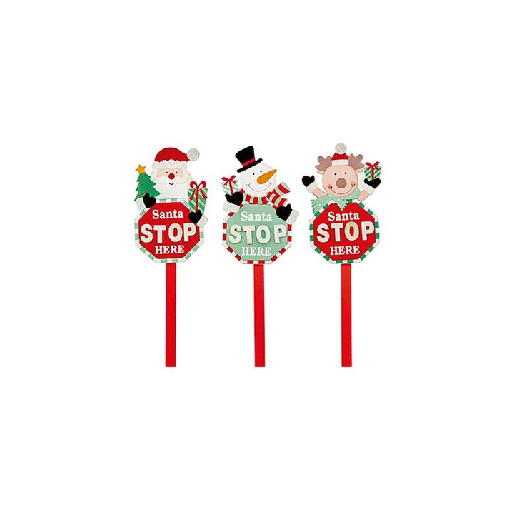 Wood Santa Stop Here Sign Stake - Set of 3