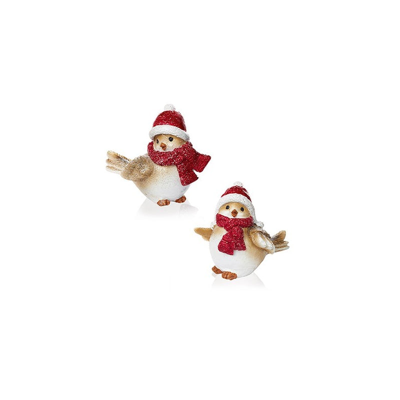 Polyresin Glitter Bird W/ Santa Hat & Scarf - Set of 2