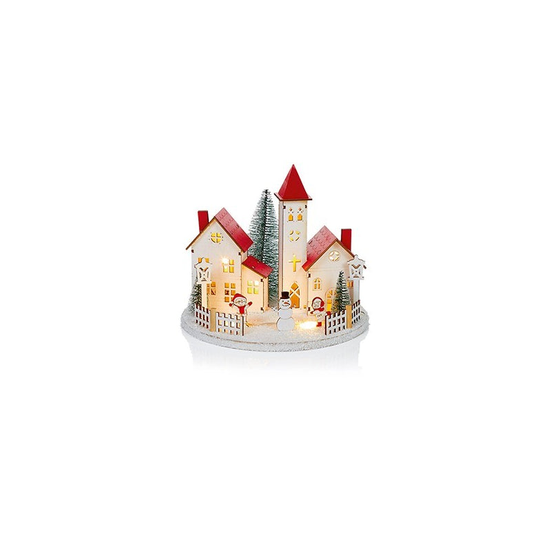 Battery Operated Lit Wood House W/ Red Round Xmas