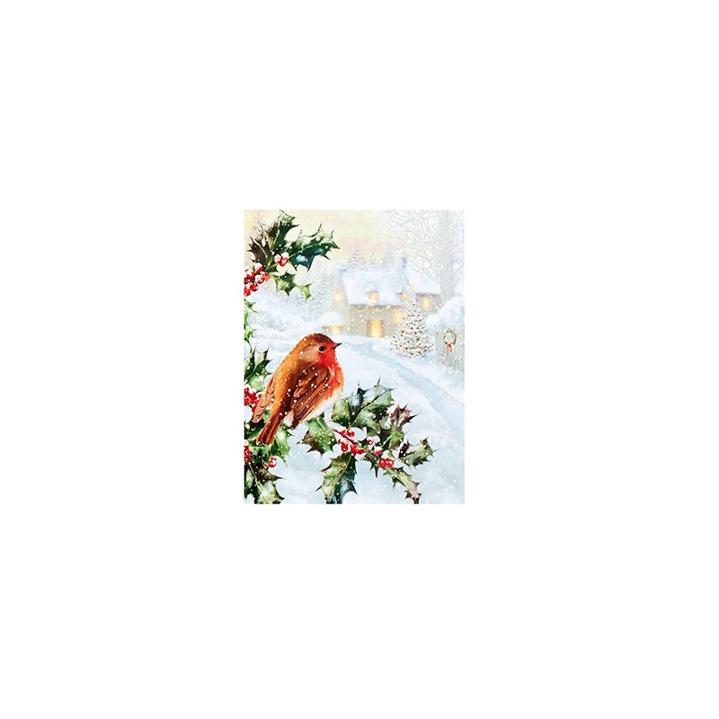 Battery Operated Lit Canvas W/ 6 LEDs - Snowy Robin Scene