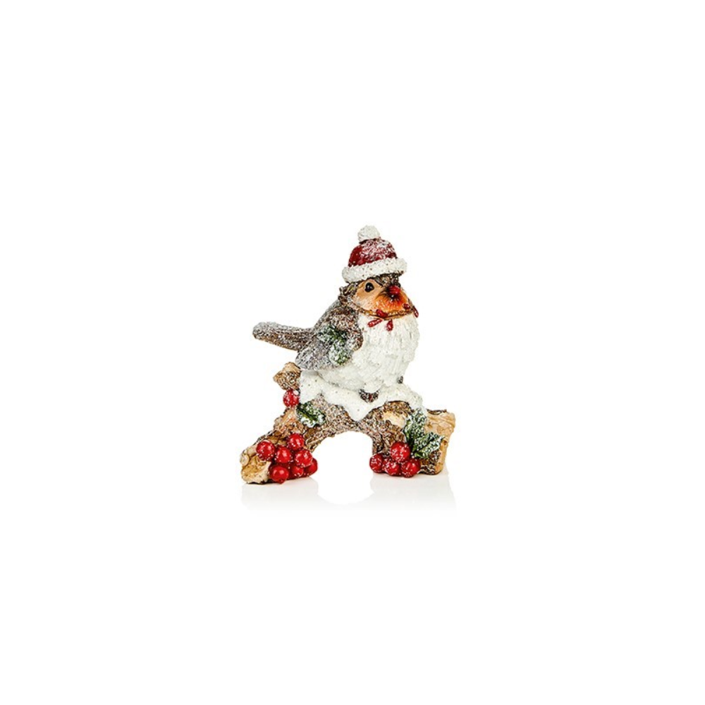 12cm Polyresin Snowy Robin On Branch