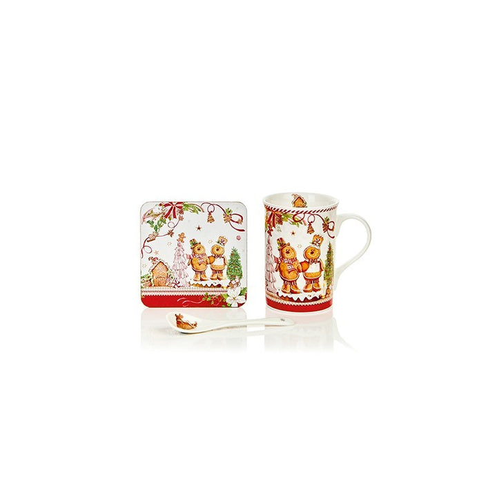 Ceramic Mug W /Coaster & Spoon Gift Set - Gingerbread