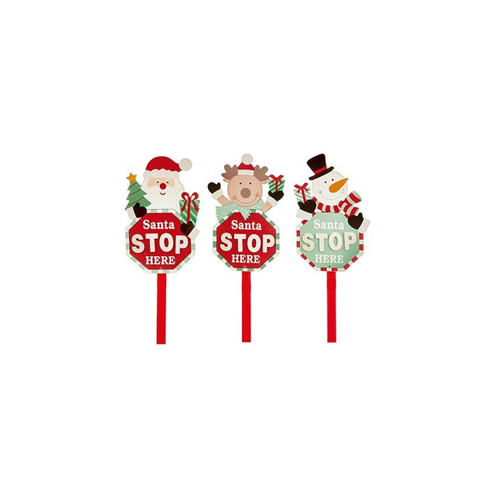 Wood Santa Stop Here Sign Stake - Set of 3