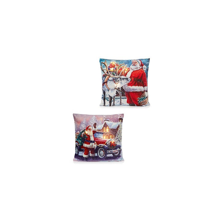 Santa W/ Reindeer Scene Cushion - Set of 2