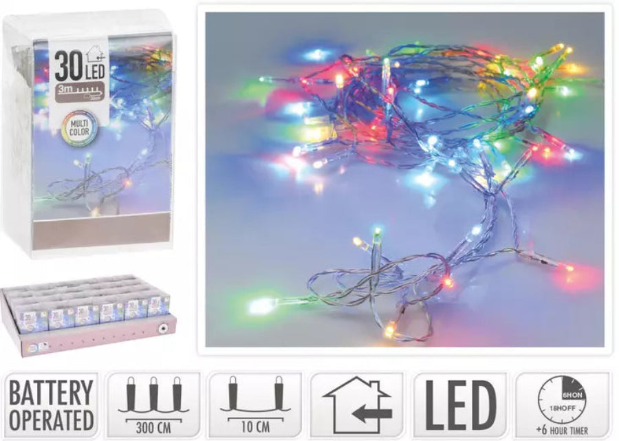 30 Battery Lights With Timer Multicolour 